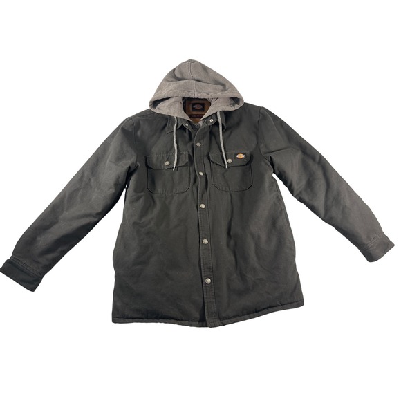Dickies Mens Black Canvas Hooded Work Jacket Quilted Lined Shirt Jacket Size M
